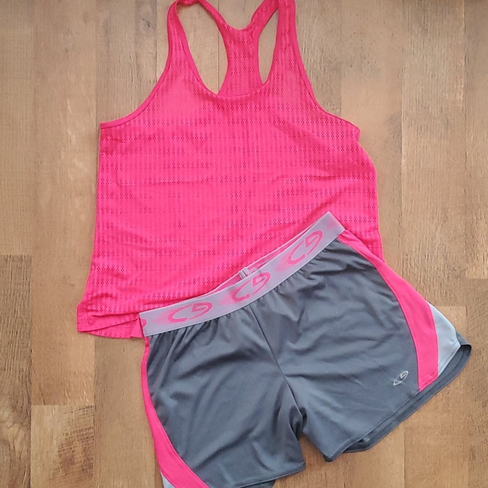 C9 Champion Girls Pink Athletic Mesh Tank Top and Grey Shorts Outfit Girls 14-16